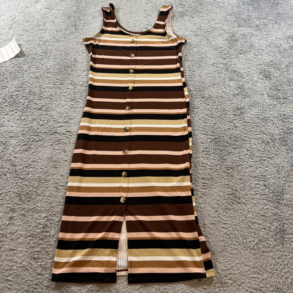 No Boundaries Women Ribbed Button Front Midi Dress L Brown Tan Multi-Stripe Slit